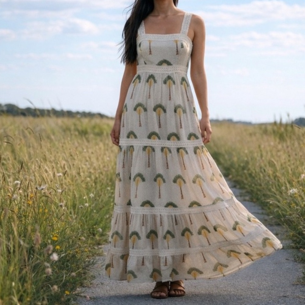 Calypso St. Barth Cream Maxi Dress with Green and Yellow Fan Print
